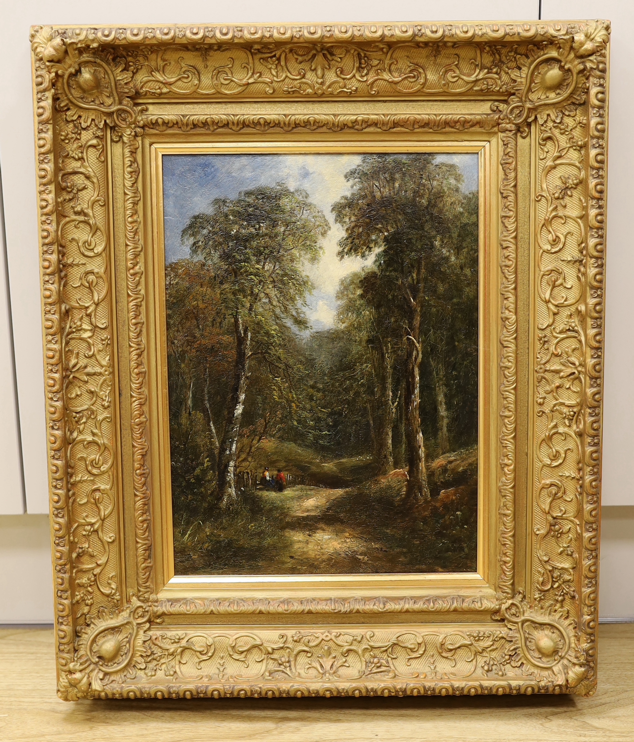 Henry Pilleau (1813-1899) oil on canvas, Woodland scene with two seated figures, unsigned, inscribed in ink verso, ornate gilt frame, 38 x 28cm